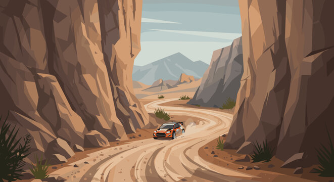 Off-road racing adventure desert canyon digital artwork scenic environment dynamic perspective. Vector illustration