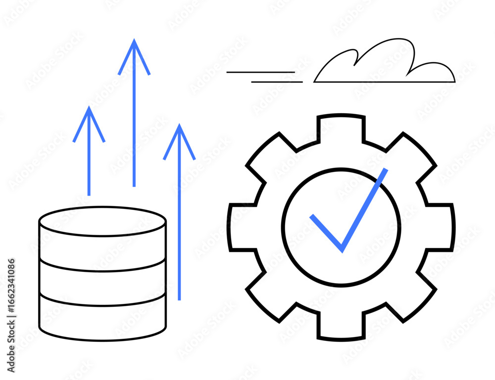 Poster database with growth arrows, a gear with a checkmark symbolizing system optimization, and a cloud fo