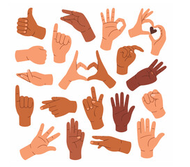Minimalist flat design hand gestures and poses on white background