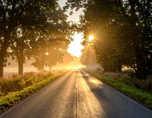 Sunrise road through trees