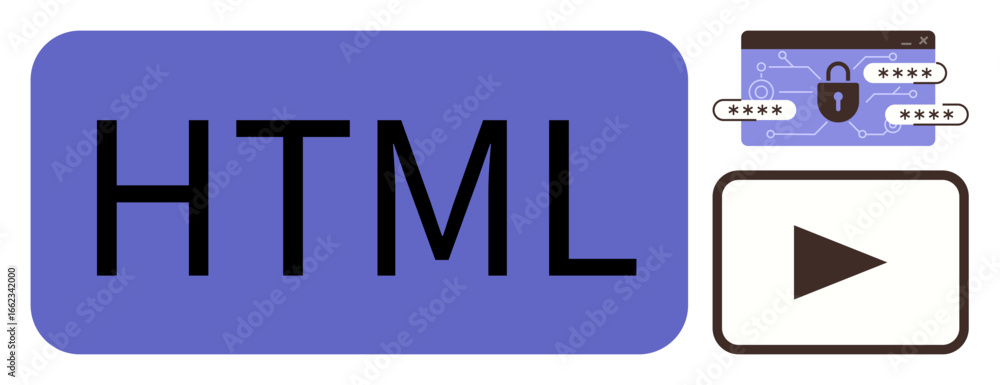 Poster html text block beside a secure padlock with dataflow graphic and play button. ideal for web develop