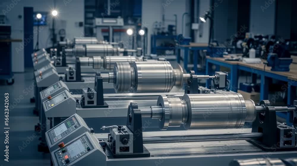 Poster rotor balancing shop floor featuring multiple gas centrifuge rotors on horizontal spindle balancing 