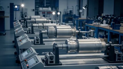 Rotor balancing shop floor featuring multiple gas centrifuge rotors on horizontal spindle balancing machines for enhanced nuclear fuel cycle efficiency.