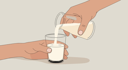 Pouring fresh milk into a glass kitchen setting animated illustration minimalist style close-up view. Vector illustration