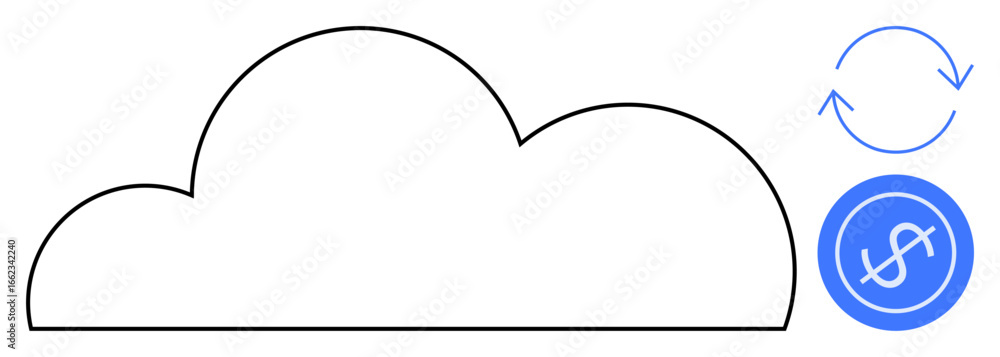 Poster cloud outline with arrows representing synchronization and circular dollar sign icon indicating fina