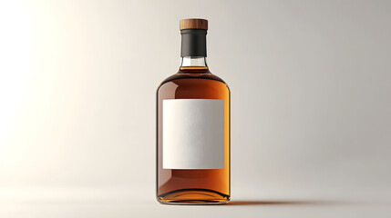 Stylish tea bottle mockup with clear label on matte glass, featuring wooden cap and amber liquid, set against neutral background