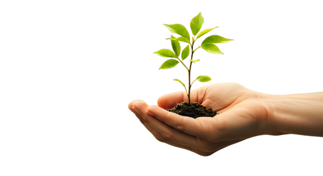A persons cupped hands gently holding a small green plant seedling growing from soil, isolated on white background