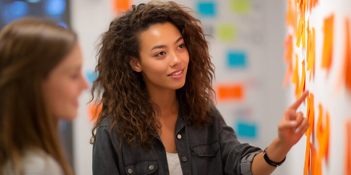 young woman showing social media plan to colleague