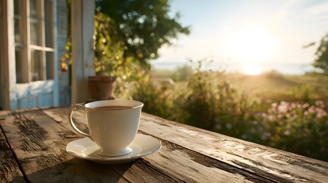 Hot coffee cup on rustic wooden table with sunrise view from cozy porch