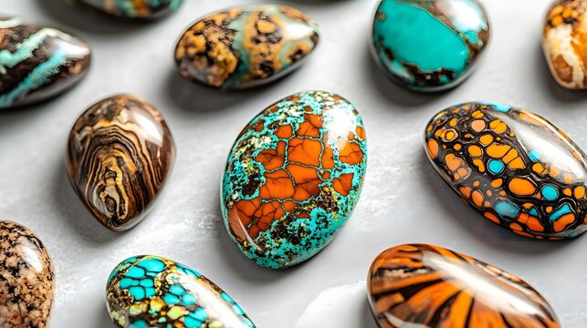 Vibrant Gemstone Collection, Polished Cabochons in Teal, Orange, and Brown