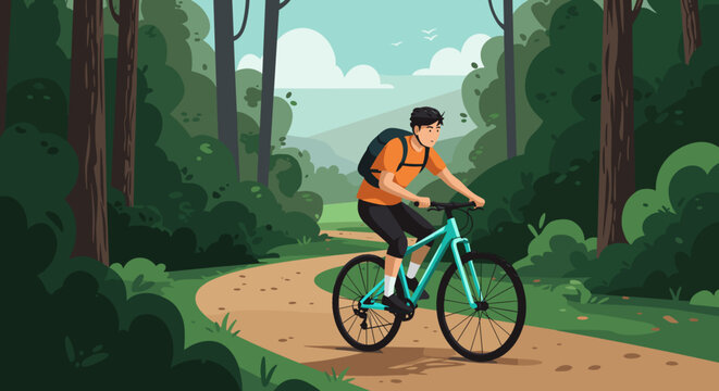 Mountain biking adventure forest trail digital illustration nature low angle outdoor recreation. Vector illustration