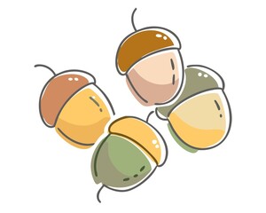 Vector set of four stylized acorns in a muted fall color palette, drawn in a minimalist doodle style. Ideal for cozy autumn-themed graphics, seasonal crafts, greeting cards, planner stickers, educatio