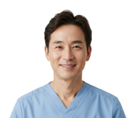 Healthcare professional smiling in scrubs clinic setting portrait bright environment medical concept. Cut out PNG