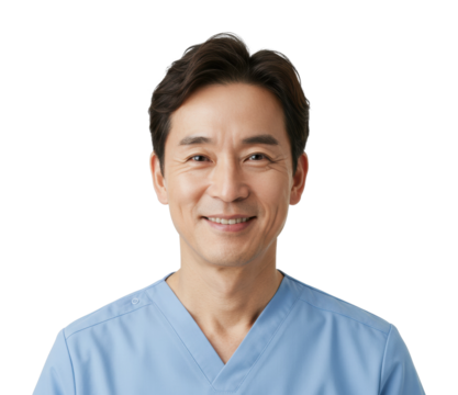 Healthcare professional smiling in scrubs clinic setting portrait bright environment medical concept. Cut out PNG
