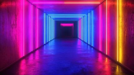 Neon lights illuminate a long, dark corridor with a reflective floor.