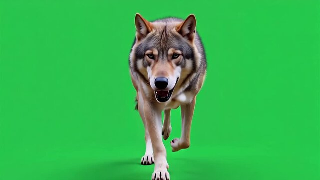 Dynamic wolf running towards camera on vibrant green screen backdrop for seamless compositing and creative projects, ready to be added to any scene