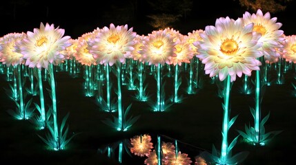 Glowing Illuminated Flower Field at Night