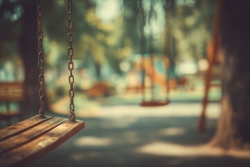 Empty swing set in park. Defocused background