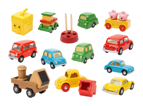 Colorful toy vehicles display playroom miniature collection indoor top childhood imagination. Cut out PNG