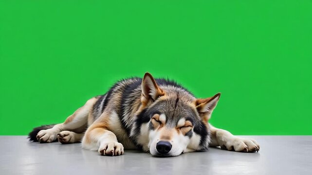 Resting wolf on a green screen, perfect for adding to your projects, create stunning visuals for wildlife documentaries or educational content
