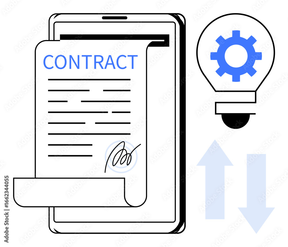 Poster contract document digitally signed on a tablet, alongside a gear-in-lightbulb symbolizing ideas and 