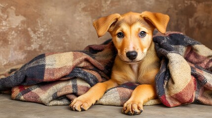 Adorable Puppy Wrapped in Plaid Blanket Cozy Autumn Pet Photo