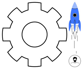 Large gear, blue rocket launching, small profile icon. Ideal for startup, innovation, automation, teamwork, growth progress efficiency. Perfect simple flat metaphor