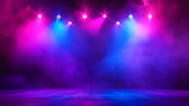Dark concert stage illuminated with neon blue and purple lights, fog and smoke creating a mysterious atmosphere, ideal for Halloween or abstract backdrops.