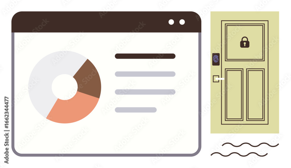 Poster pie chart in browser window next to locked door with keypad lock. ideal for security, analytics, dat