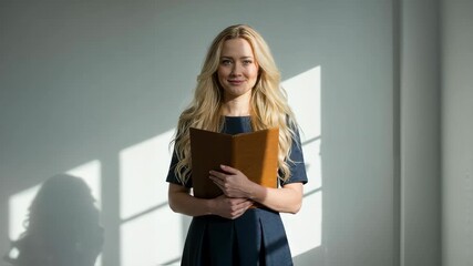 Job candidate holding portfolio in sunlight.  Smiling woman job seeker shows her resume and work samples.  Confident job candidate ready for interview.