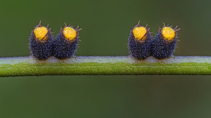 Closeup Macro Photography of Four Unique Yellow and Black Budding Plant