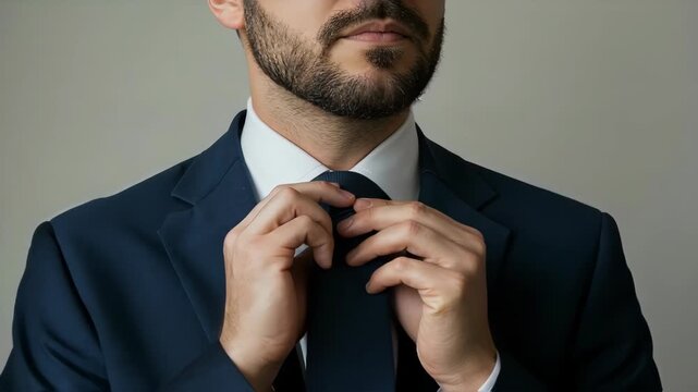 Job candidate adjusting his dark blue suit tie.  Man in navy blue suit prepares for important job interview.  Professional job candidate image for recruitment agencies.