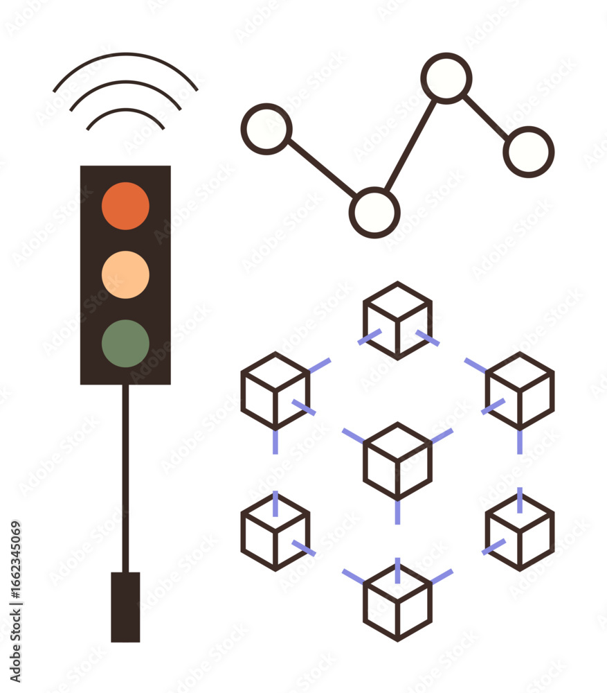 Poster traffic light with wireless signal, nodes connected via lines, blockchain cubes network. ideal for t