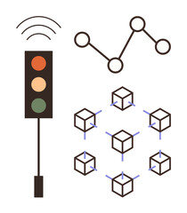 Traffic light with wireless signal, nodes connected via lines, blockchain cubes network. Ideal for technology, connectivity, urban systems, IoT, data sharing, engineering simple flat metaphor