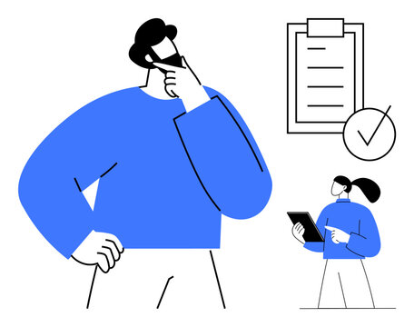Male figure thinking, checklist with a tick, female holding device pointing. Ideal for teamwork, planning, project management, decision-making, strategy, goals simple landing page