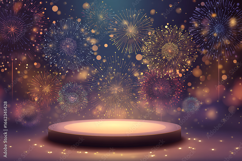 Poster vibrant fireworks illuminating a festive stage with colorful bokeh effects in the background