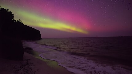 Magical Aurora Borealis Over Ocean Beach Night Sky