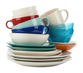 Colorful stacked crockery kitchen tableware home environment elevated kitchen decor concept. Cut out PNG