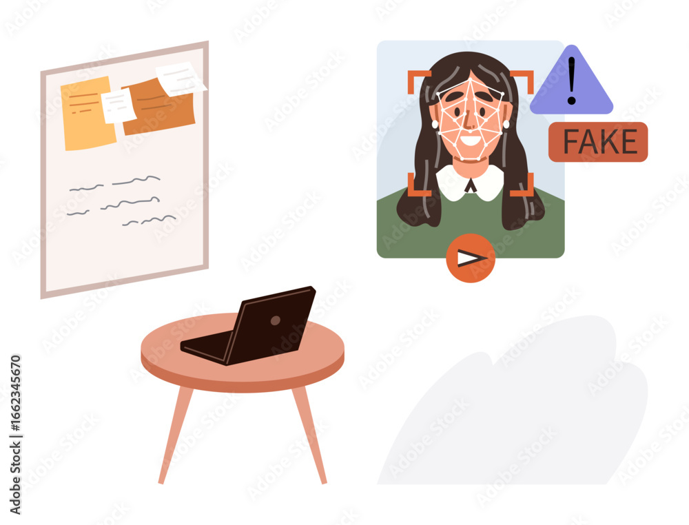 Poster facial recognition detecting deepfake face with error alert. laptop on table near pinned notes and w