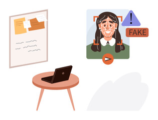 Facial recognition detecting deepfake face with error alert. Laptop on table near pinned notes and writing. Ideal for technology, cybersecurity, AI, research, fraud prevention, workspace ethics