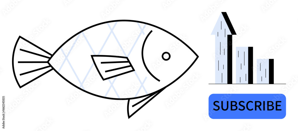 Poster fish with patterns next to a rising bar chart, arrow, and subscribe button. ideal for subscription, 