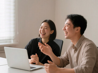 Obraz premium Smiling coworkers collaborating at laptop in office
