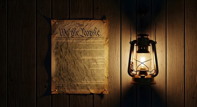 The United States Constitution preamble 'We the People' on aged parchment, illuminated by a vintage lantern on a rustic wooden wall.