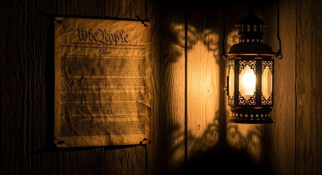 The United States Constitution on parchment hangs on a wooden wall, illuminated by the warm glow of an antique lantern.