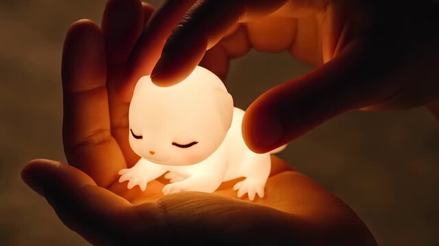 Soft Glow of a Sleepy White Figurine Nestled in Hands, Mysterious Warmth in Darkness