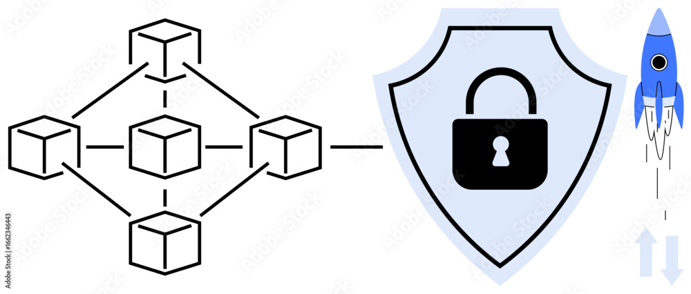 Poster blockchain structure connected to a shield with a lock icon for cybersecurity, next to a rocket repr