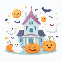 kawaii Halloween vector, cute pumpkin illustration, 
