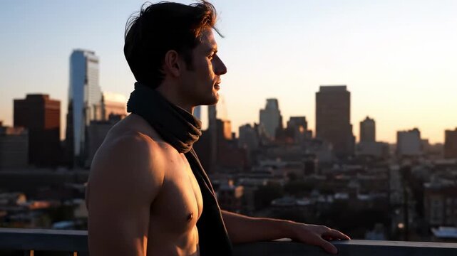 hot guys shirtless - A shirtless man stands on a rooftop during sunset, gazing at the skyline of a bustling city, with skyscrapers and a prominent tower in the background