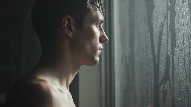 hot guys shirtless - A contemplative young man stands by a rain-soaked window, gazing outside at a blurred urban landscape, evoking a sense of introspection and solitude