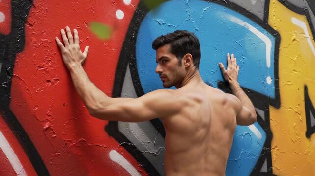 hot guys shirtless - A muscular man leans against a vibrant graffiti-covered wall, showcasing urban art while exuding confidence in a lively city environment